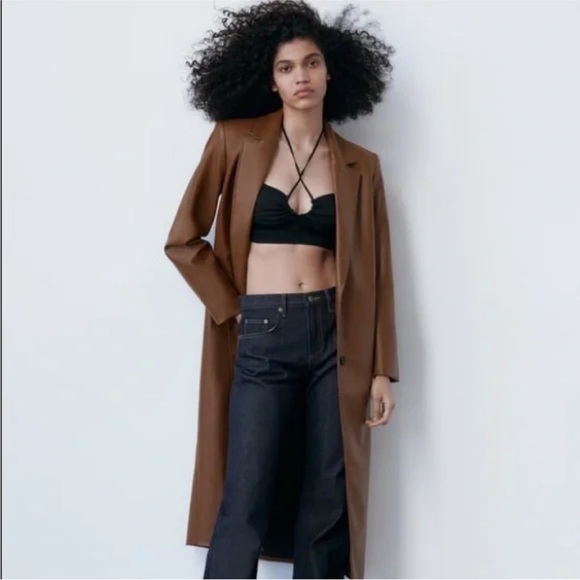 Zara Faux Leather Longline Duster Blazer Top Coat Jacket Cognac Brown Medium - Picture 3 of 11